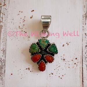 Italian Coral & Sonoran Gold Turquoise Cluster Pendant 1” 925